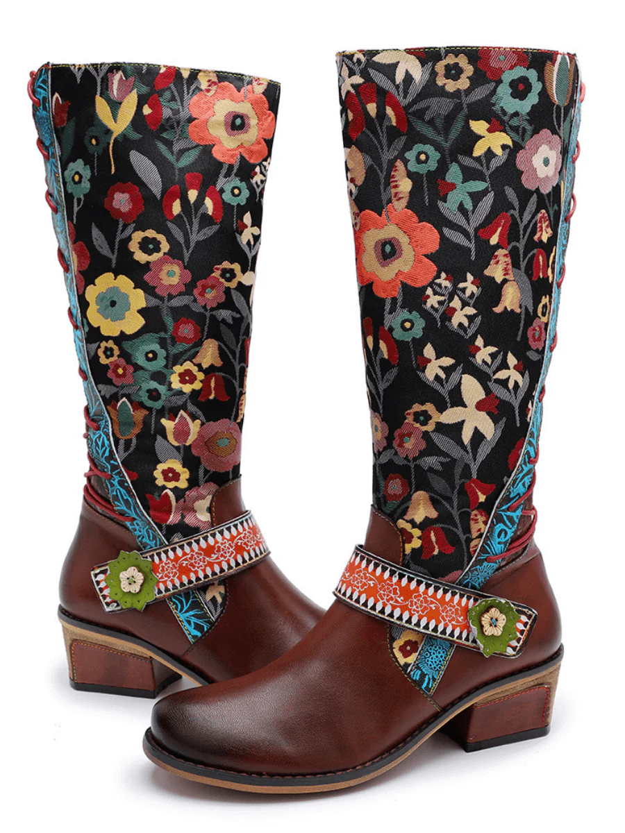 SOFFIA | Floral Tie-Accent Knee-High Leather Boots - Image 7