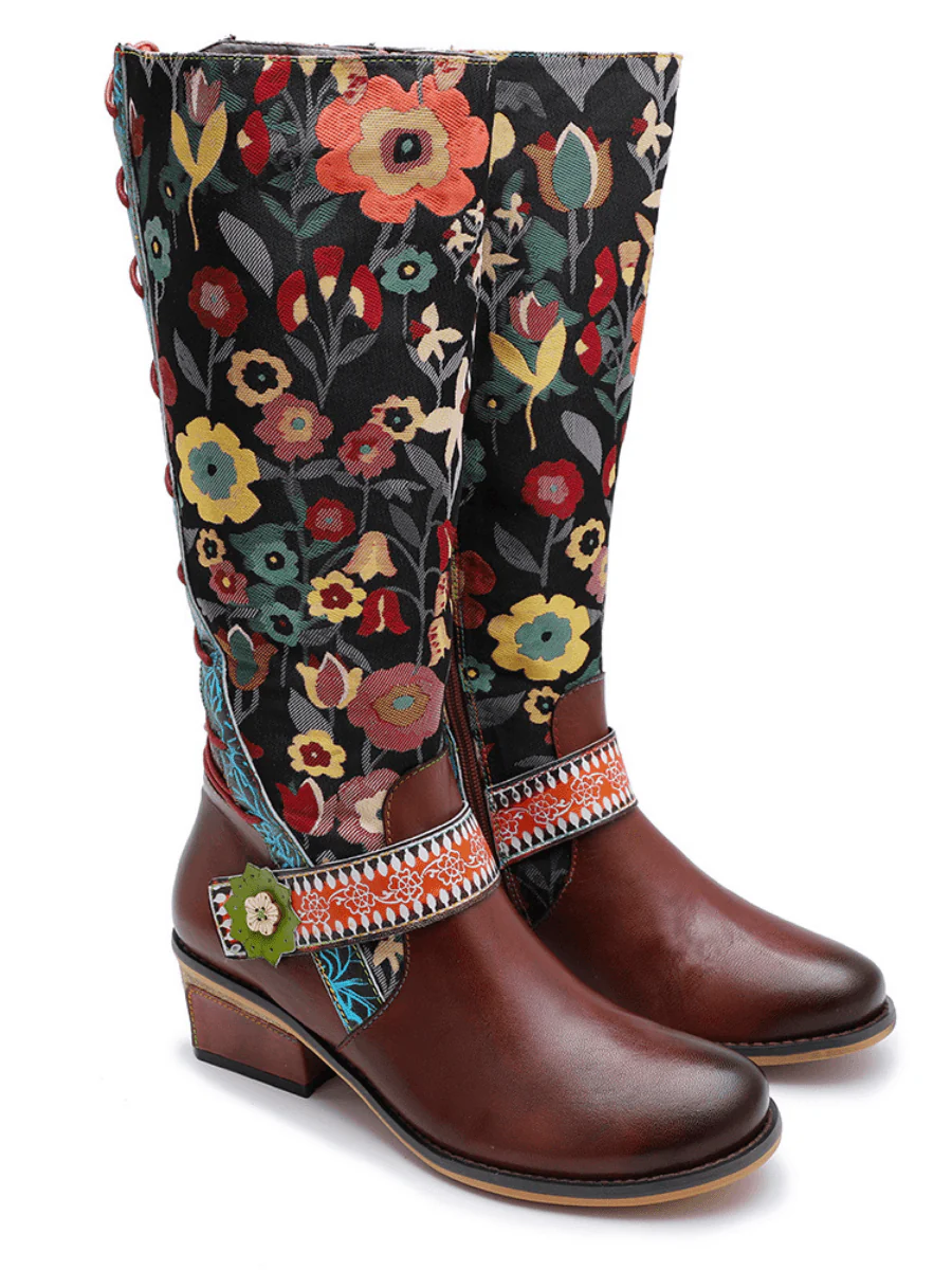 SOFFIA | Floral Tie-Accent Knee-High Leather Boots - Image 8