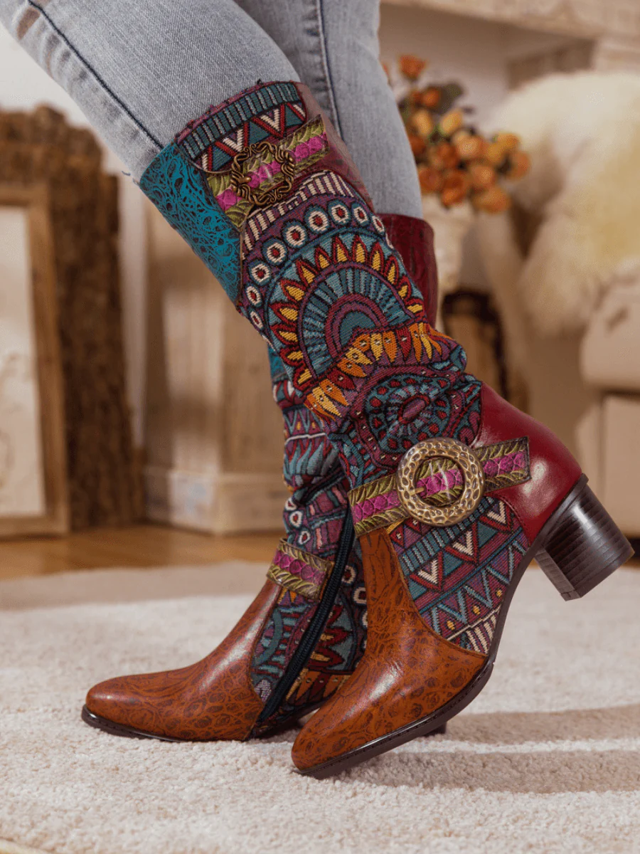SOFFIA | BROWN PATCHWORK LEATHER KNEE BOOT - Image 2