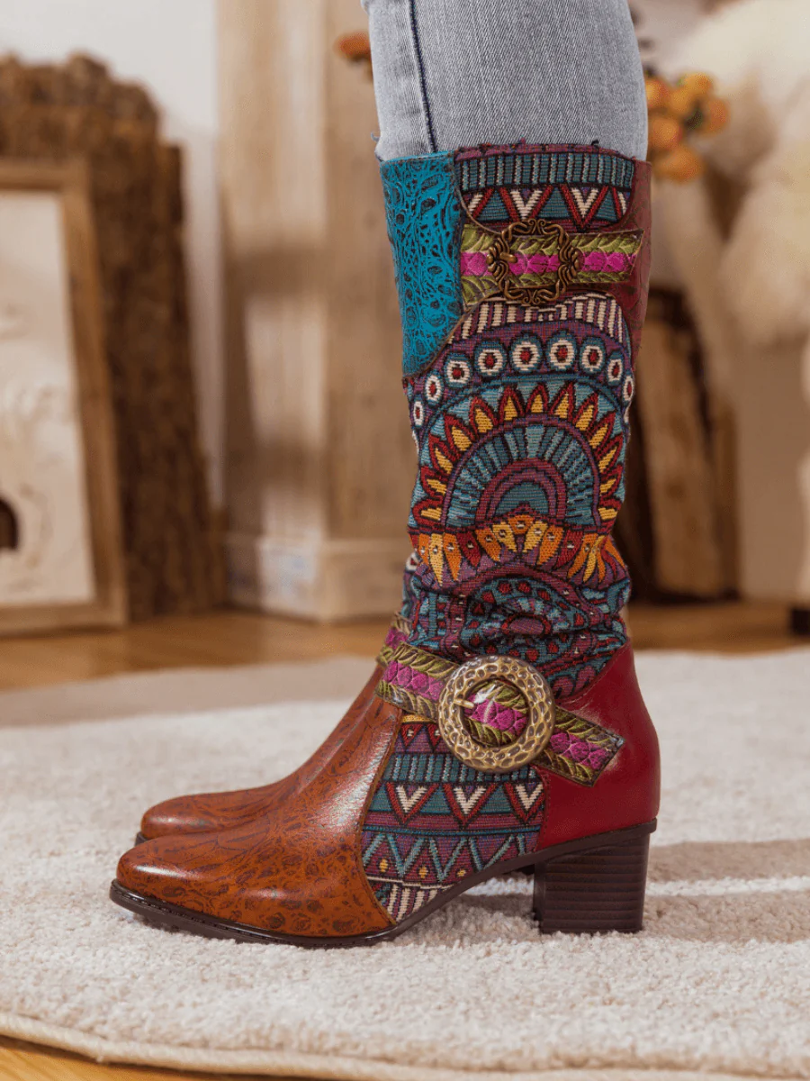 SOFFIA | BROWN PATCHWORK LEATHER KNEE BOOT - Image 3