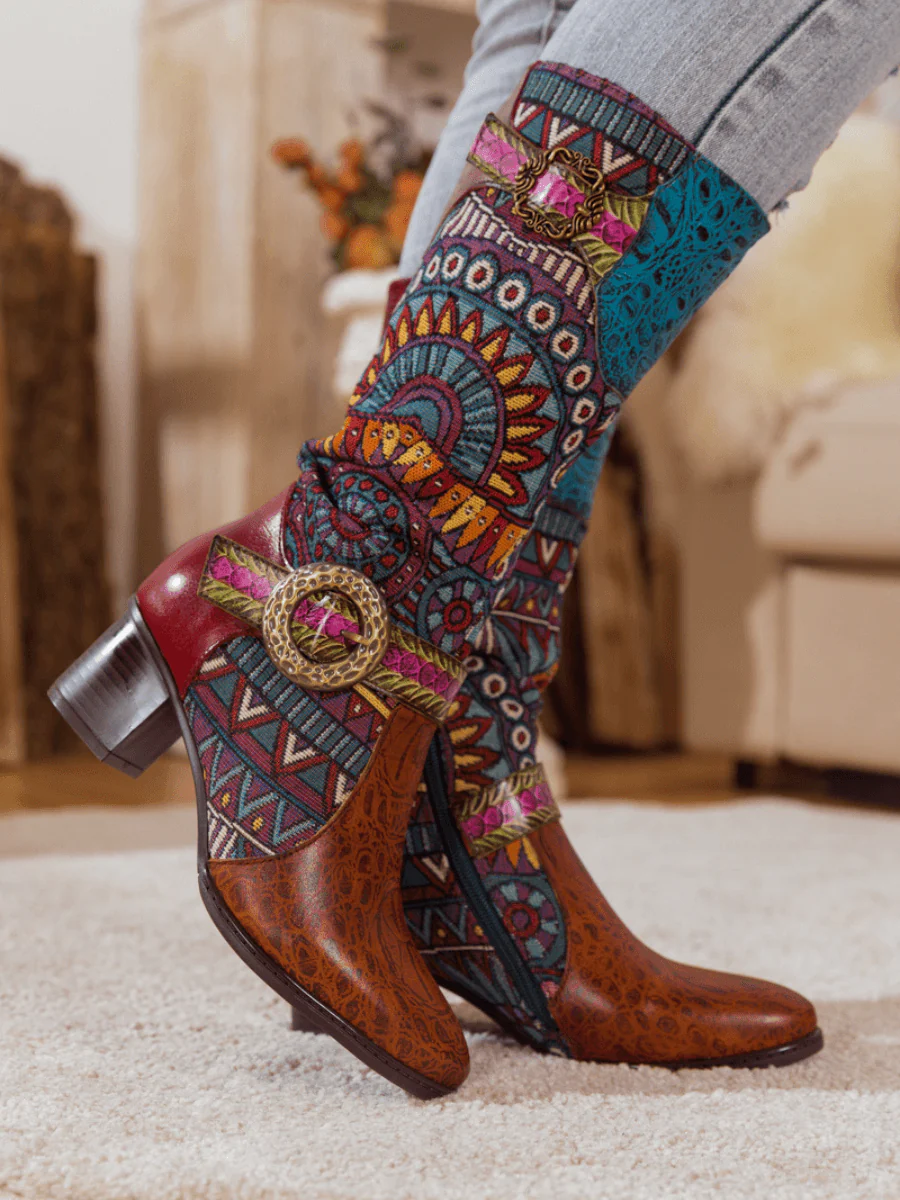 SOFFIA | BROWN PATCHWORK LEATHER KNEE BOOT - Image 4