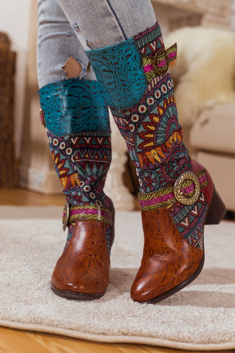 SOFFIA | BROWN PATCHWORK LEATHER KNEE BOOT - Image 5