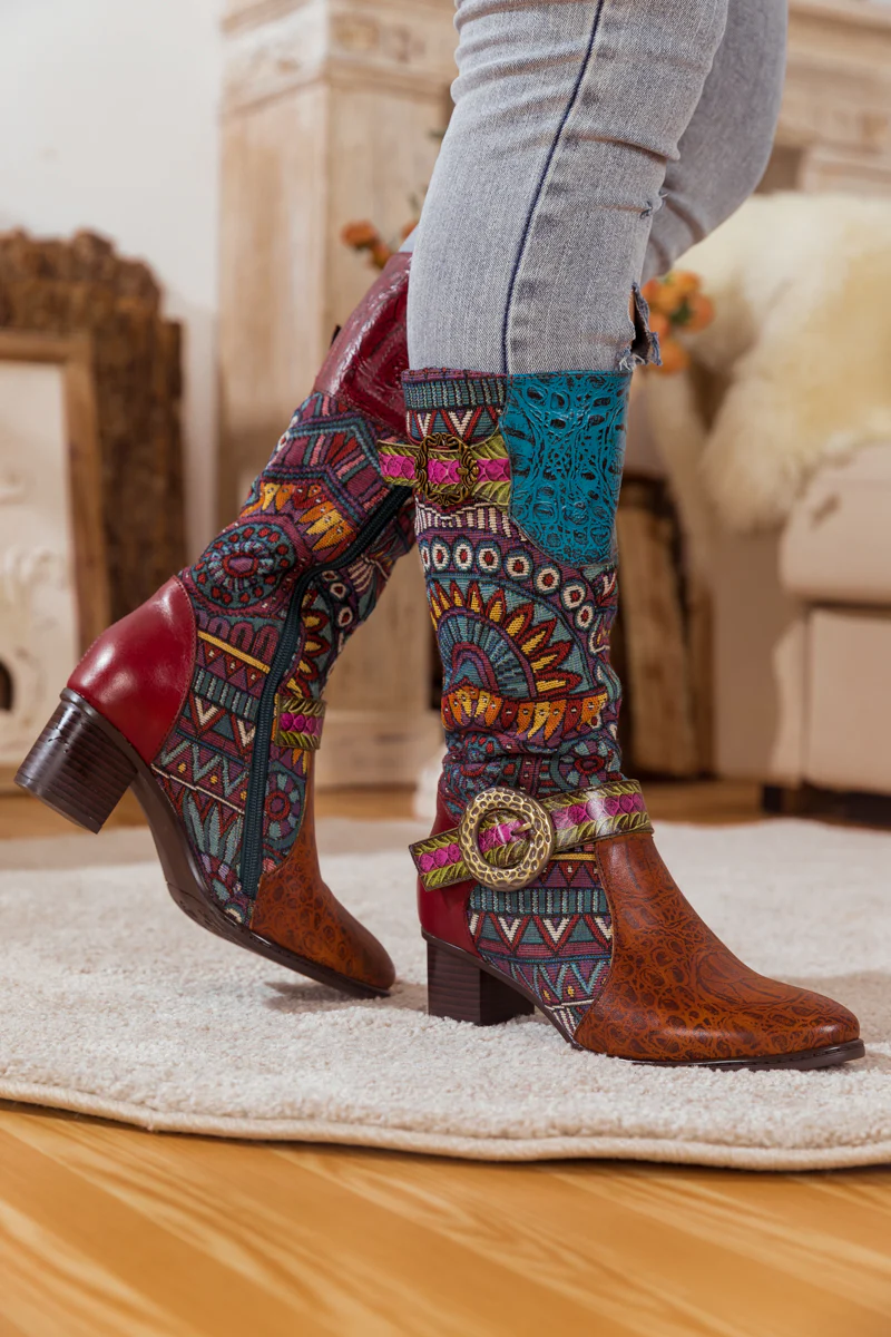SOFFIA | BROWN PATCHWORK LEATHER KNEE BOOT - Image 6