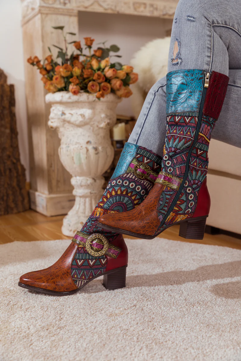 SOFFIA | BROWN PATCHWORK LEATHER KNEE BOOT - Image 7