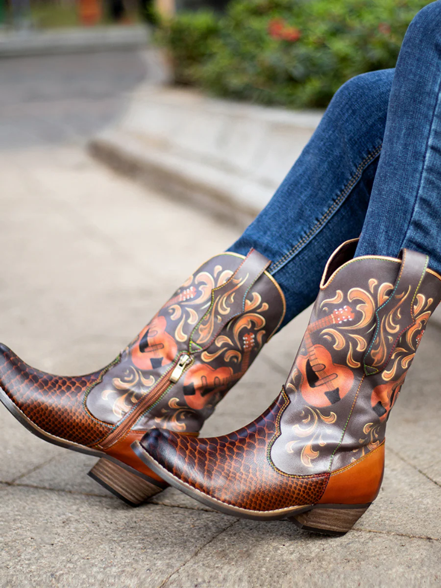 SOFFIA |Genuine Leather Brown Rock & Roll Guitar Mid-Calf Western Boots - Image 3