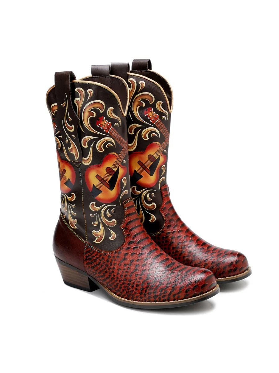 SOFFIA |Genuine Leather Brown Rock & Roll Guitar Mid-Calf Western Boots - Image 4