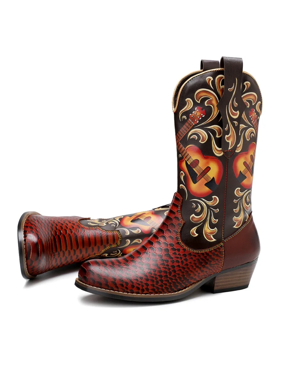SOFFIA |Genuine Leather Brown Rock & Roll Guitar Mid-Calf Western Boots - Image 5