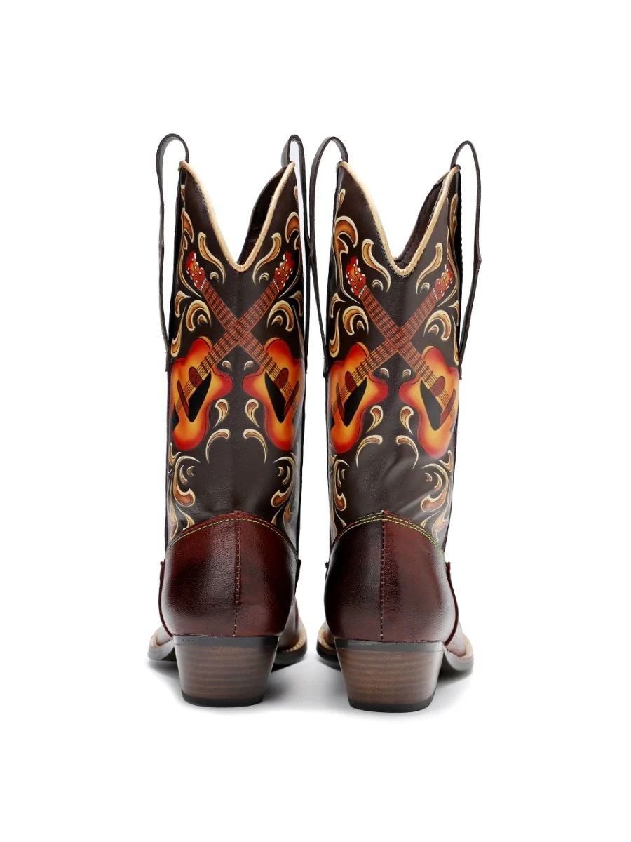 SOFFIA |Genuine Leather Brown Rock & Roll Guitar Mid-Calf Western Boots - Image 6