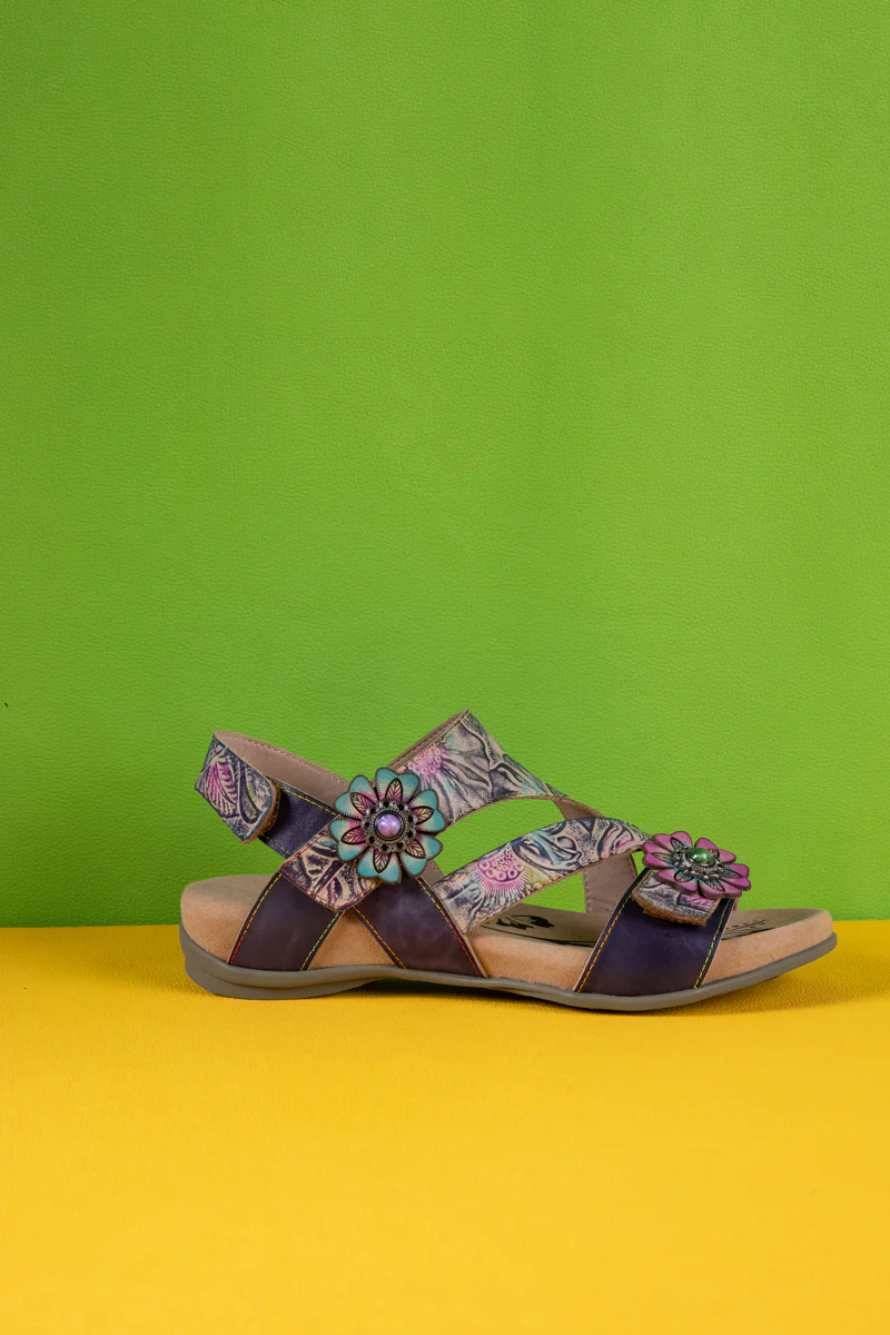 Soffia | Celine Floral Abstract Leather Footbed Sandal - Image 10