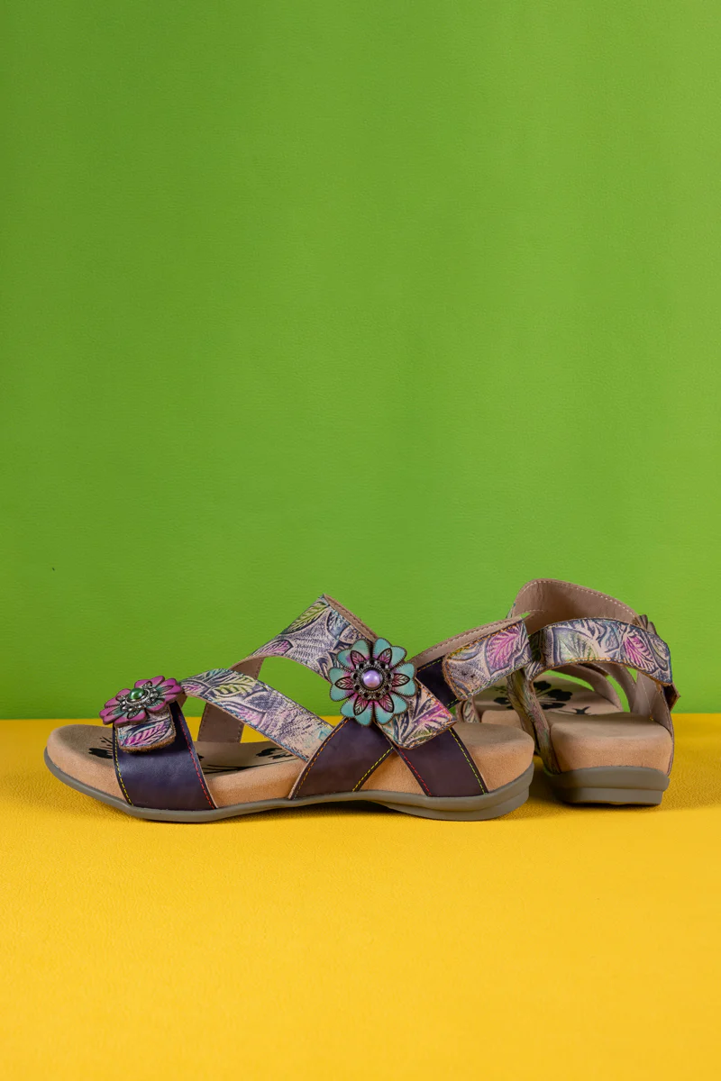 Soffia | Celine Floral Abstract Leather Footbed Sandal - Image 11