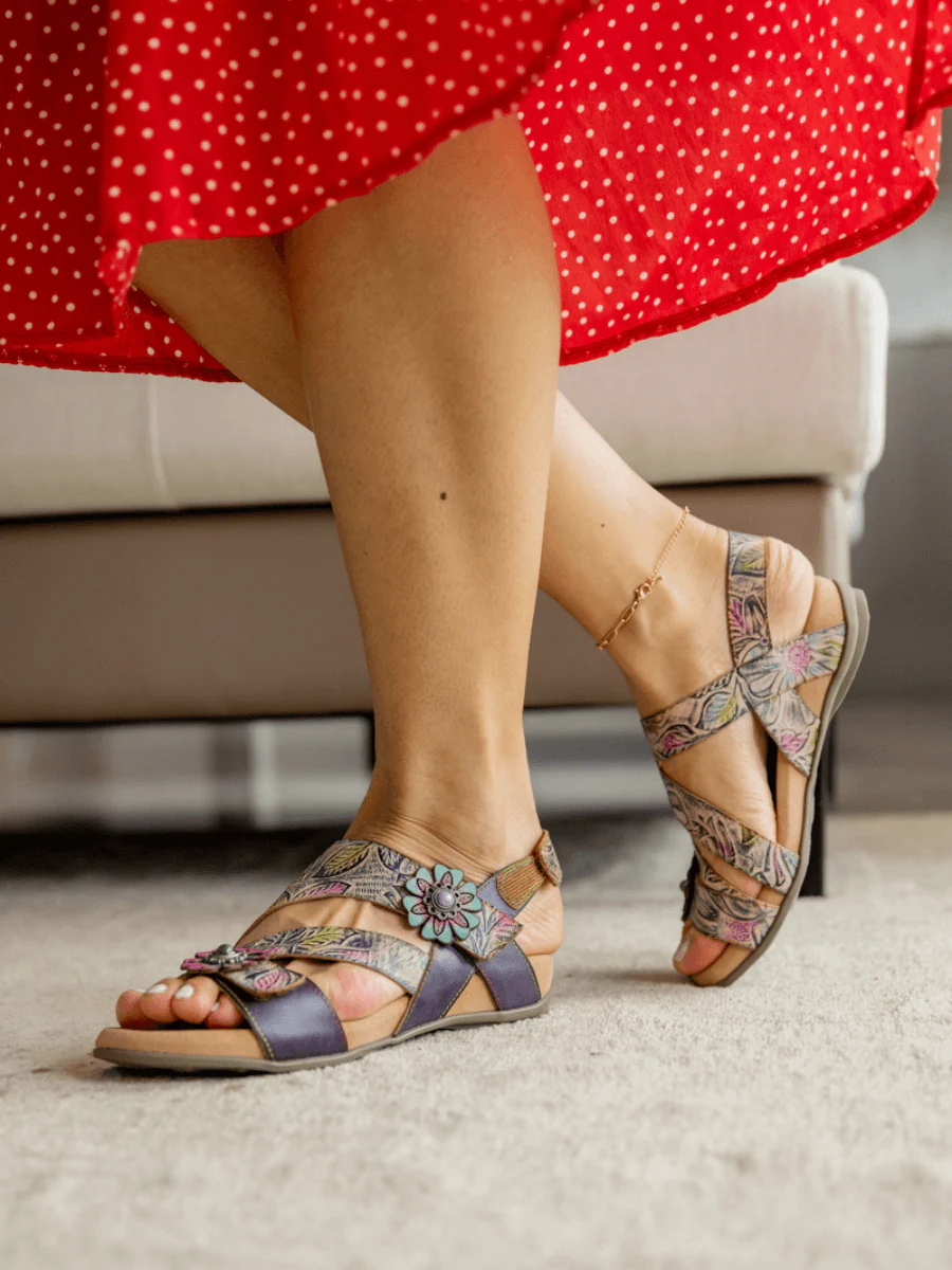 Soffia | Celine Floral Abstract Leather Footbed Sandal - Image 3