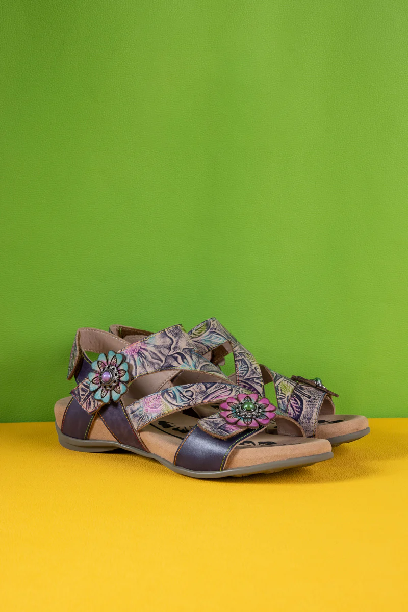 Soffia | Celine Floral Abstract Leather Footbed Sandal - Image 8