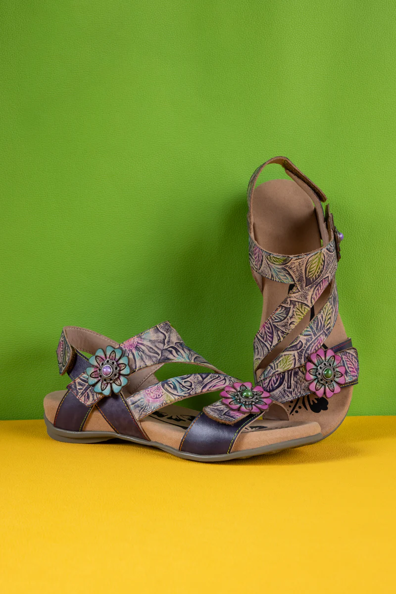 Soffia | Celine Floral Abstract Leather Footbed Sandal - Image 9