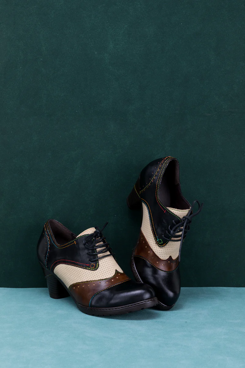 SOFFIA | COLOR BLOCK BLOCK HEEL LEATHER OXFORD - BLACK - Image 10
