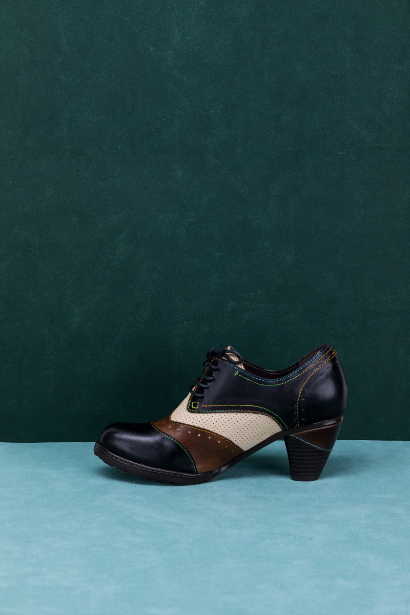 SOFFIA | COLOR BLOCK BLOCK HEEL LEATHER OXFORD - BLACK - Image 12