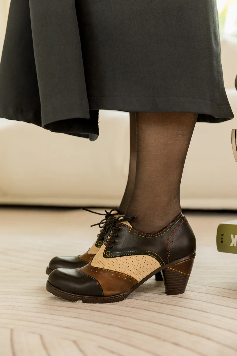 SOFFIA | COLOR BLOCK BLOCK HEEL LEATHER OXFORD - BLACK - Image 5