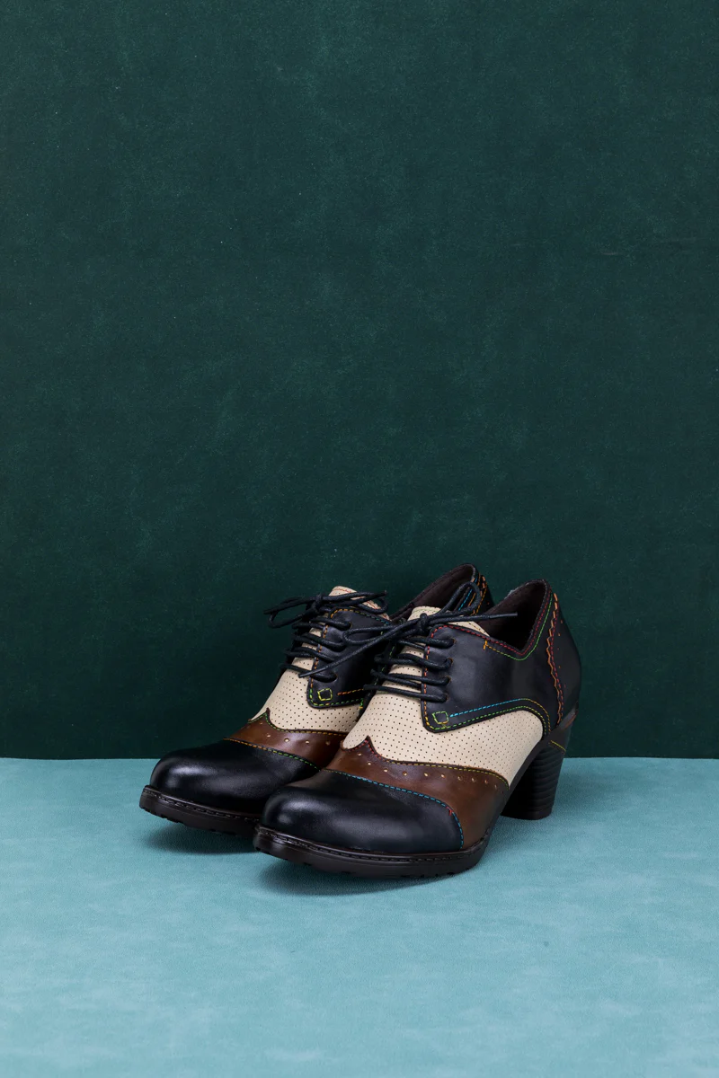 SOFFIA | COLOR BLOCK BLOCK HEEL LEATHER OXFORD - BLACK - Image 9