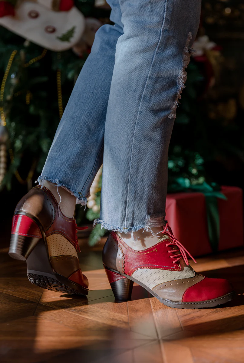 SOFFIA | COLOR BLOCK BLOCK HEEL LEATHER OXFORD - RED - Image 3