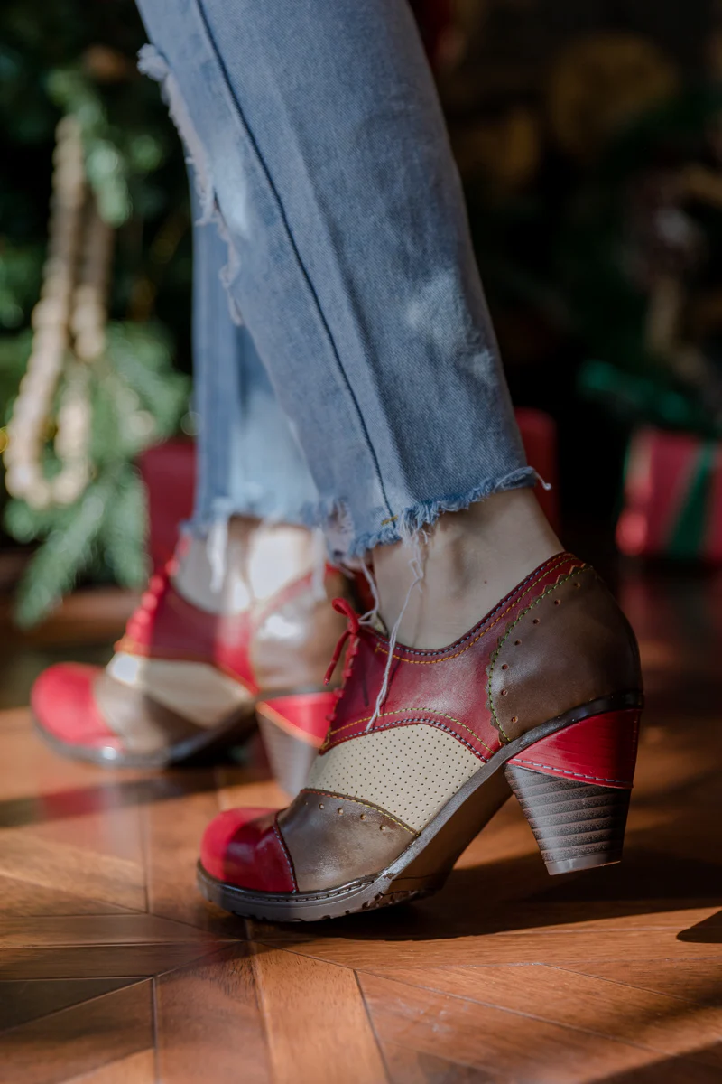 SOFFIA | COLOR BLOCK BLOCK HEEL LEATHER OXFORD - RED - Image 4