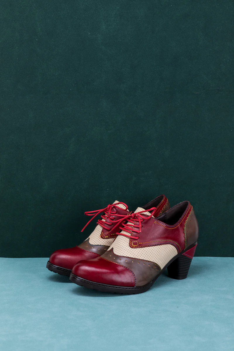 SOFFIA | COLOR BLOCK BLOCK HEEL LEATHER OXFORD - RED - Image 5
