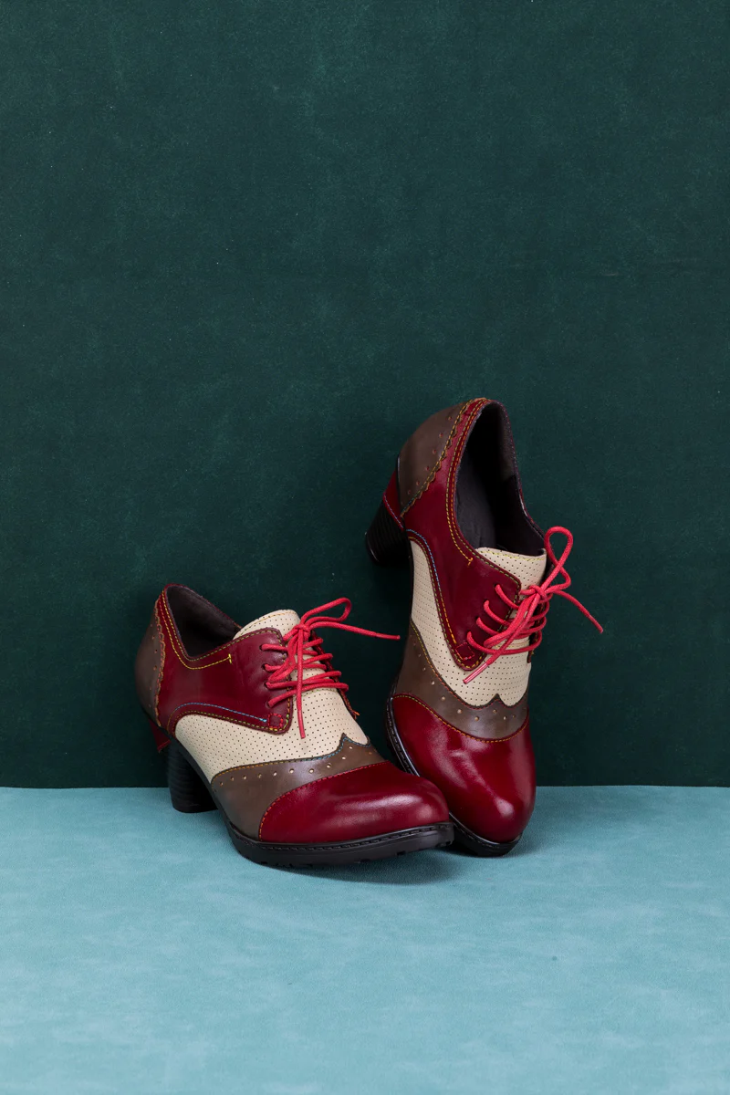 SOFFIA | COLOR BLOCK BLOCK HEEL LEATHER OXFORD - RED - Image 6