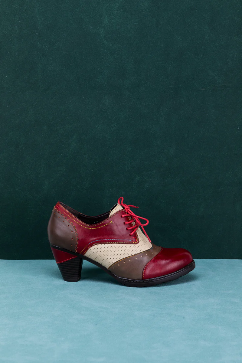SOFFIA | COLOR BLOCK BLOCK HEEL LEATHER OXFORD - RED - Image 7