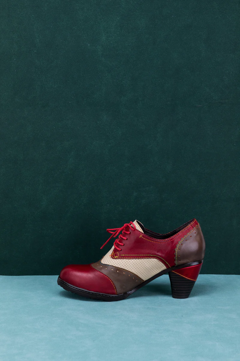 SOFFIA | COLOR BLOCK BLOCK HEEL LEATHER OXFORD - RED - Image 8