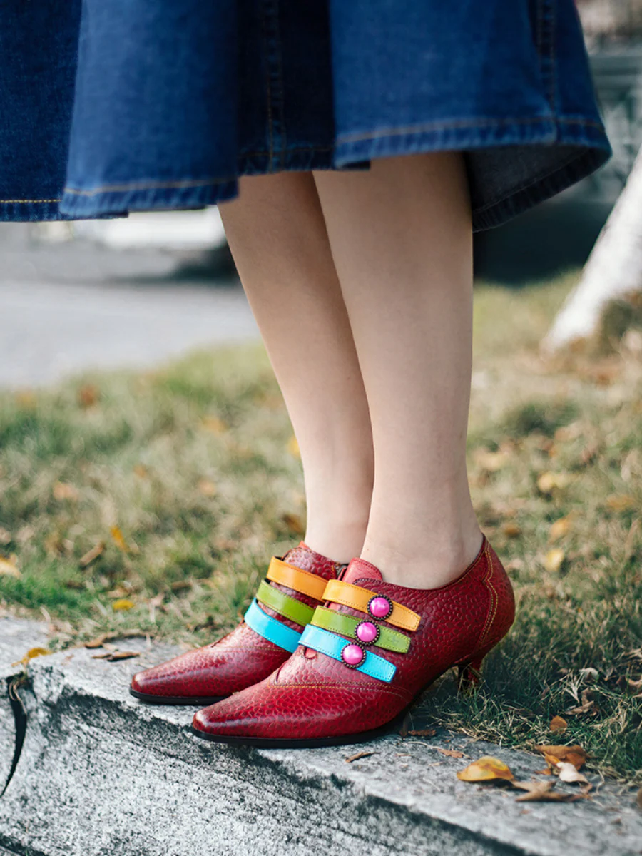 SOFFIA | Floral Embossed Tri-Strap Kitten Heels - Image 3