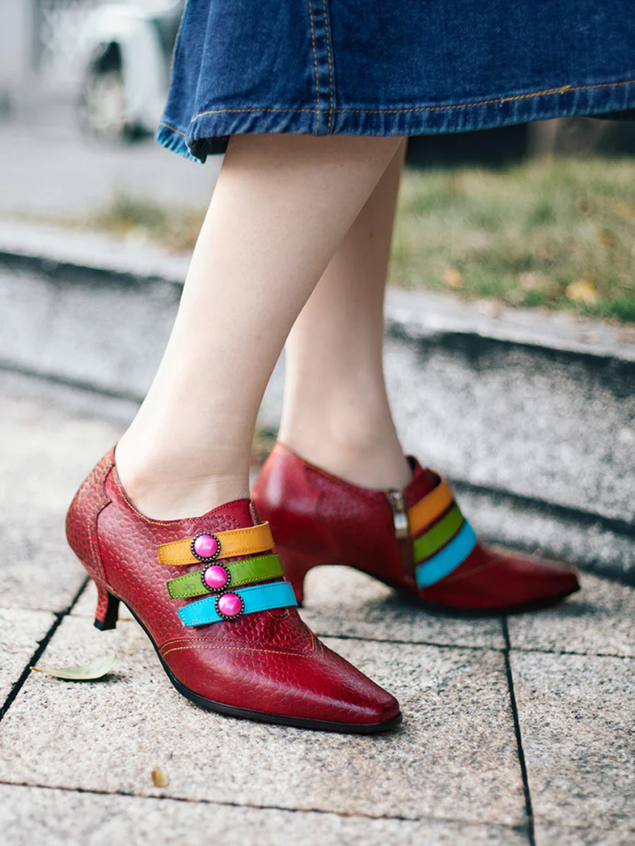 SOFFIA | Floral Embossed Tri-Strap Kitten Heels - Image 4