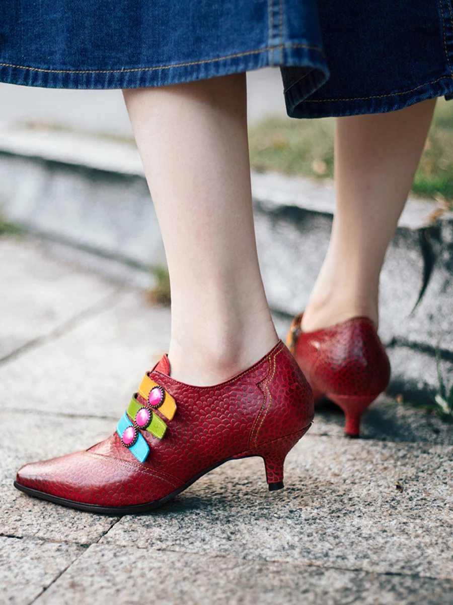 SOFFIA | Floral Embossed Tri-Strap Kitten Heels - Image 5