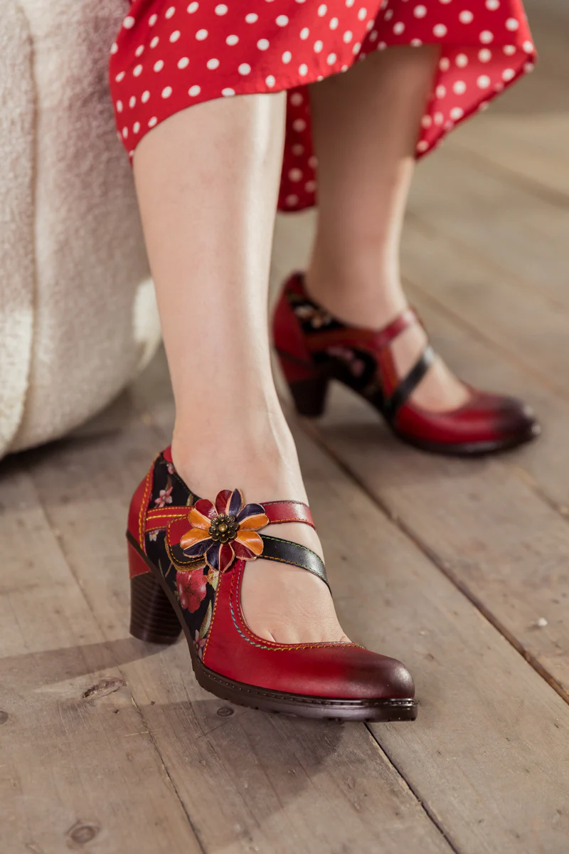 SOFFIA | Crimson Flower Appliqued Leather Mary Jane - Image 2