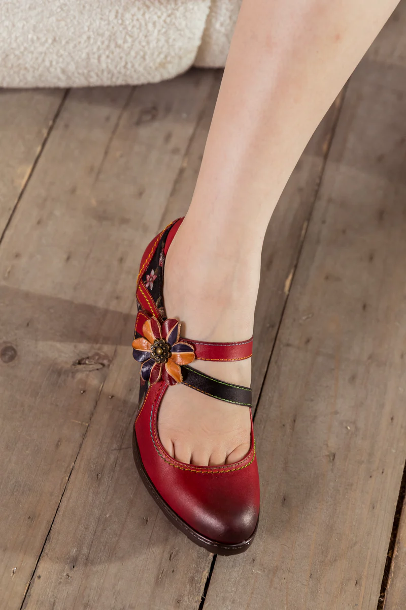SOFFIA | Crimson Flower Appliqued Leather Mary Jane - Image 4