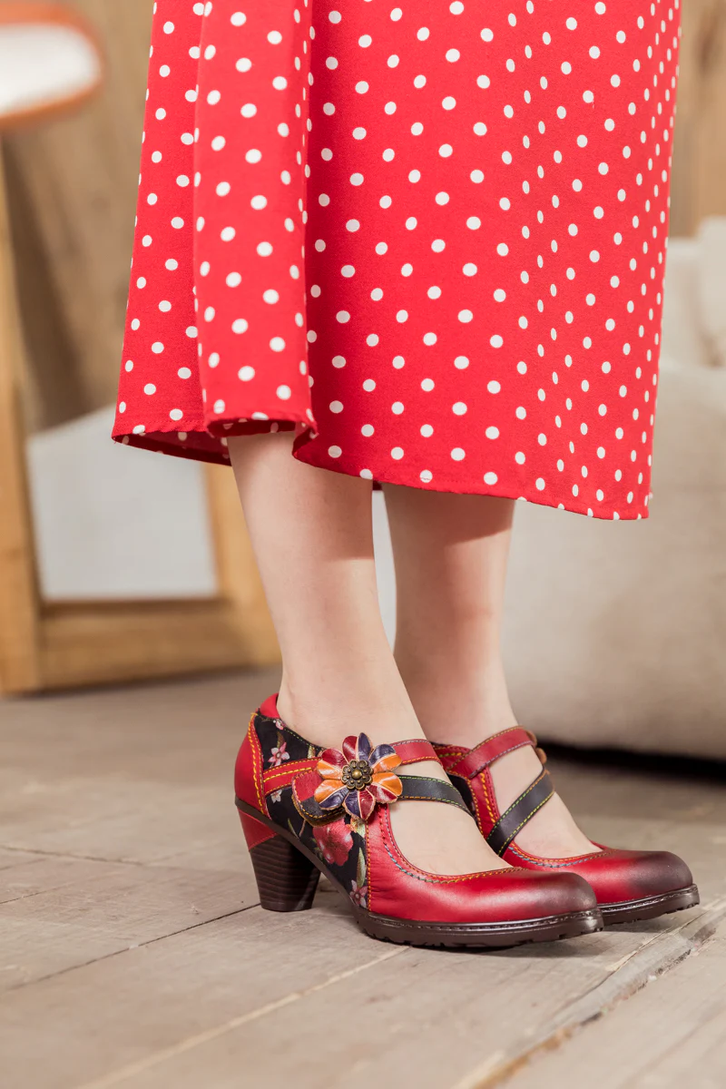 SOFFIA | Crimson Flower Appliqued Leather Mary Jane - Image 5
