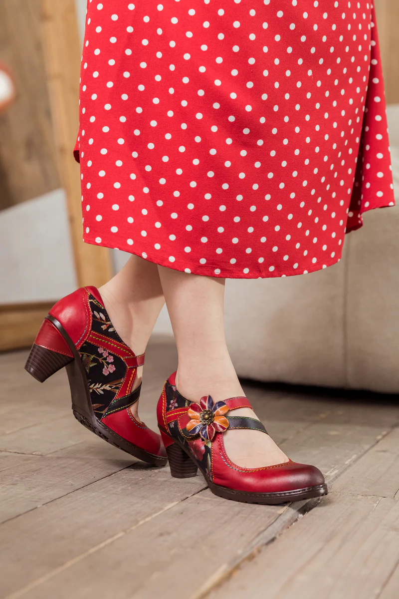 SOFFIA | Crimson Flower Appliqued Leather Mary Jane - Image 8