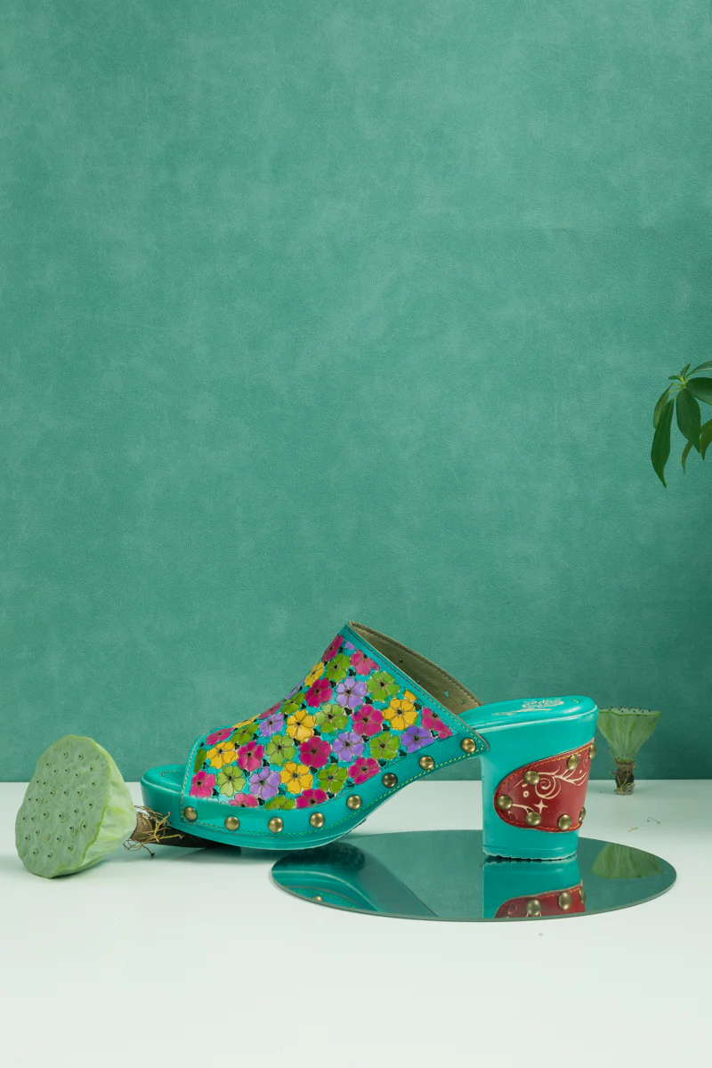 SOFFIA | DAISY EMBOSSED TURQUOISE LEATHER CLOG - Image 8