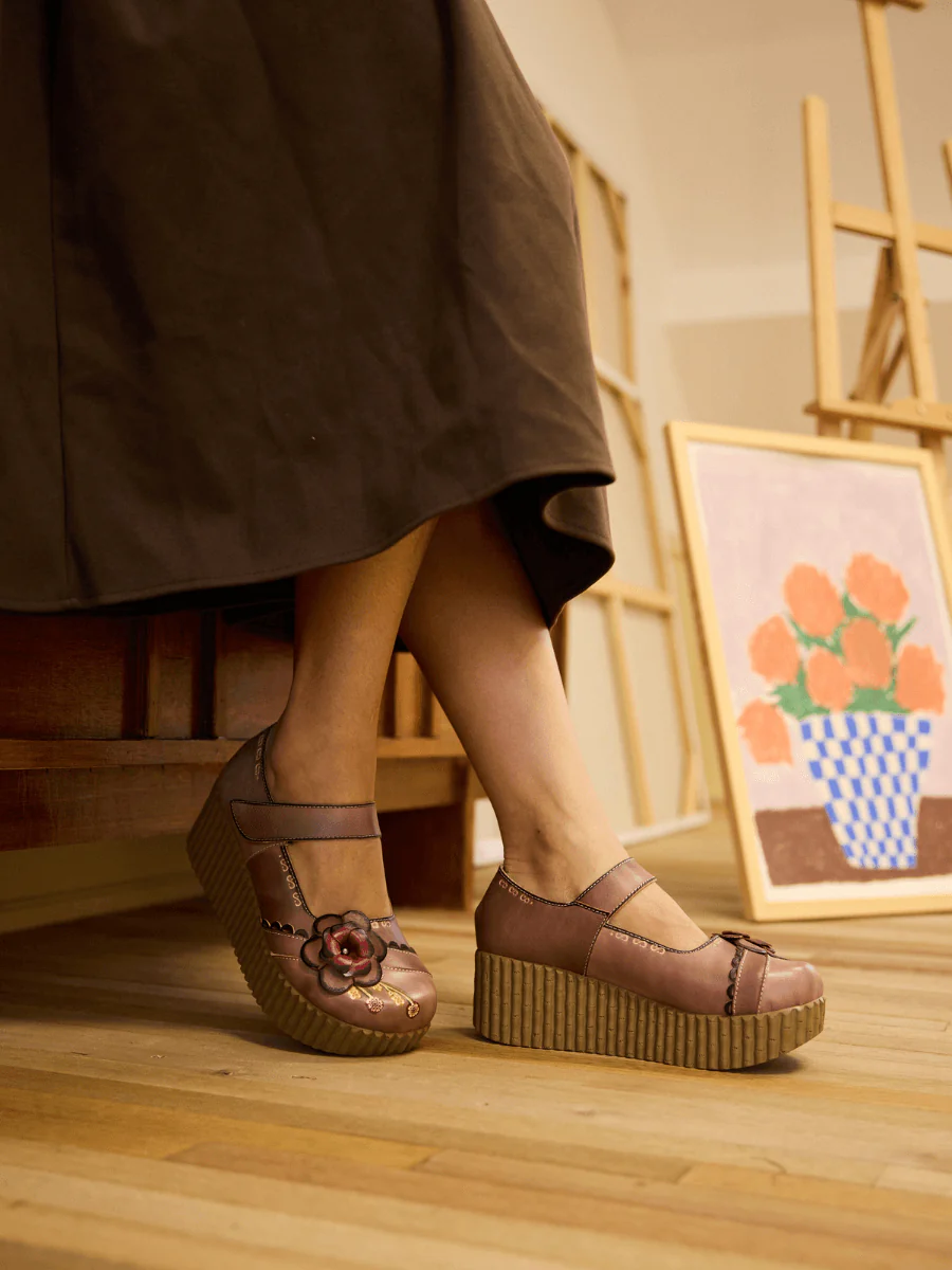 Soffia | Darya Floral Leather Wedge Mary Jane - Khaki - Image 5