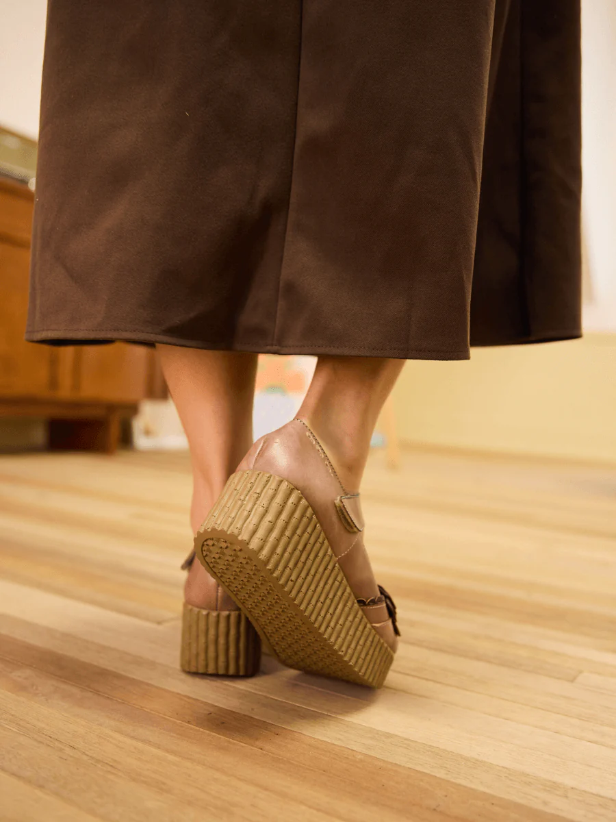 Soffia | Darya Floral Leather Wedge Mary Jane - Khaki - Image 6