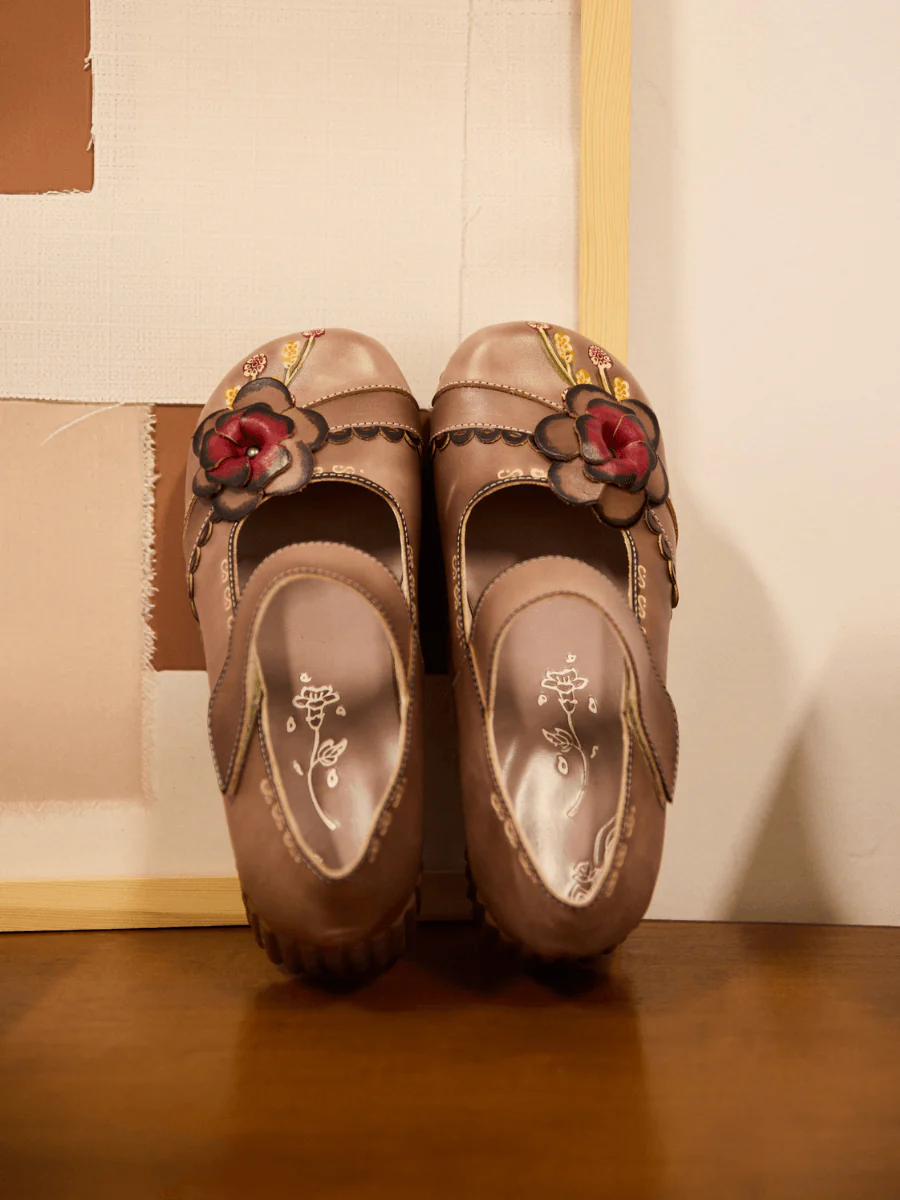 Soffia | Darya Floral Leather Wedge Mary Jane - Khaki - Image 7