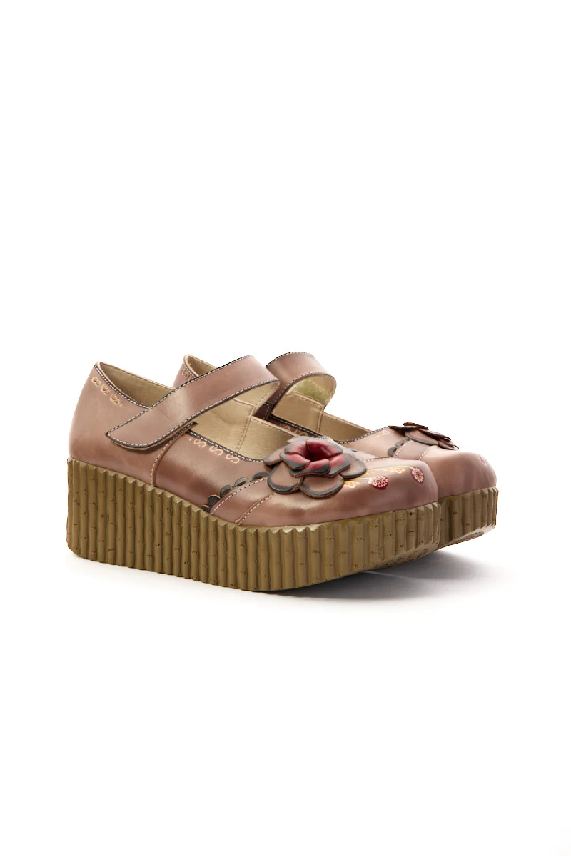 Soffia | Darya Floral Leather Wedge Mary Jane - Khaki - Image 9