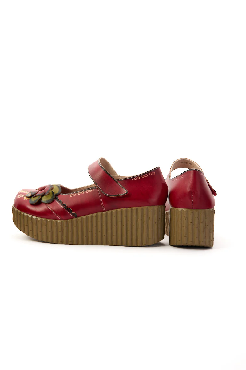Soffia | Darya Floral Leather Wedge Mary Jane - Red - Image 10