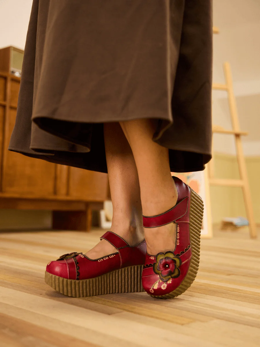 Soffia | Darya Floral Leather Wedge Mary Jane - Red - Image 3