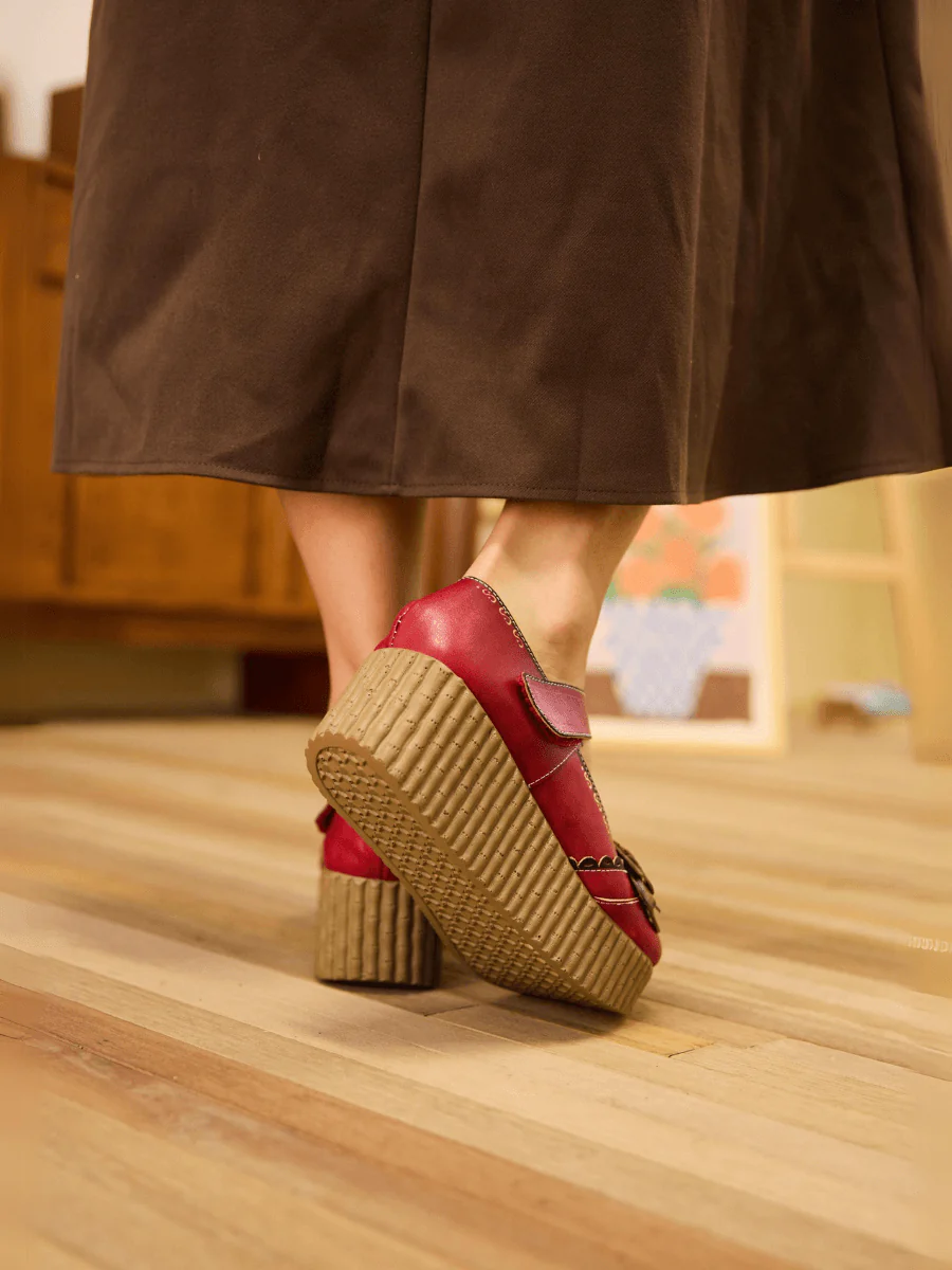 Soffia | Darya Floral Leather Wedge Mary Jane - Red - Image 5