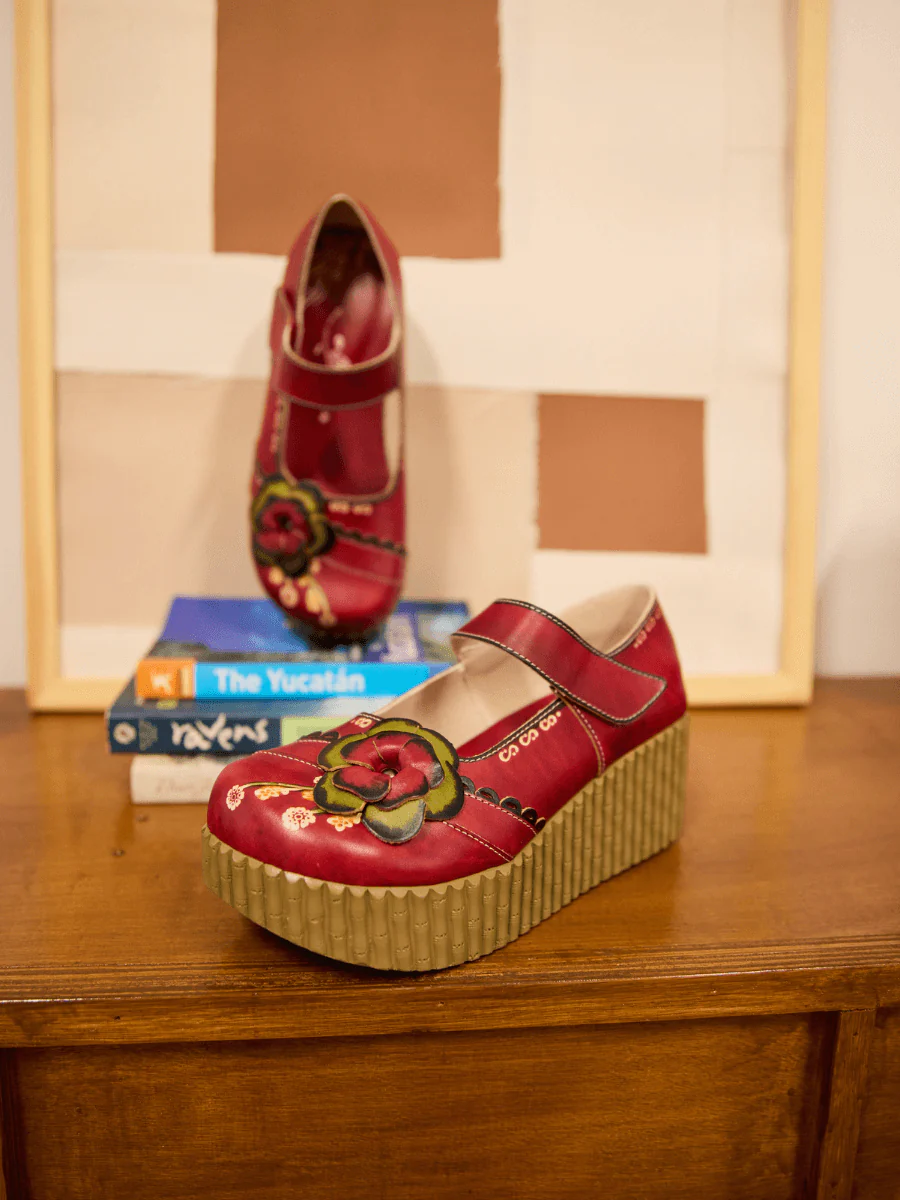 Soffia | Darya Floral Leather Wedge Mary Jane - Red - Image 6