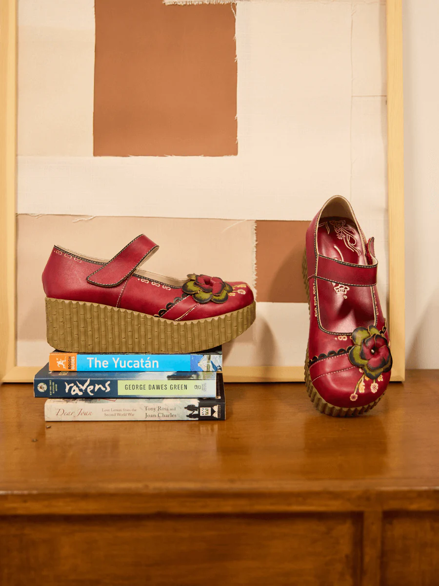 Soffia | Darya Floral Leather Wedge Mary Jane - Red - Image 7