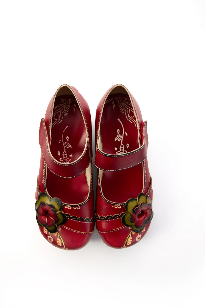 Soffia | Darya Floral Leather Wedge Mary Jane - Red - Image 8