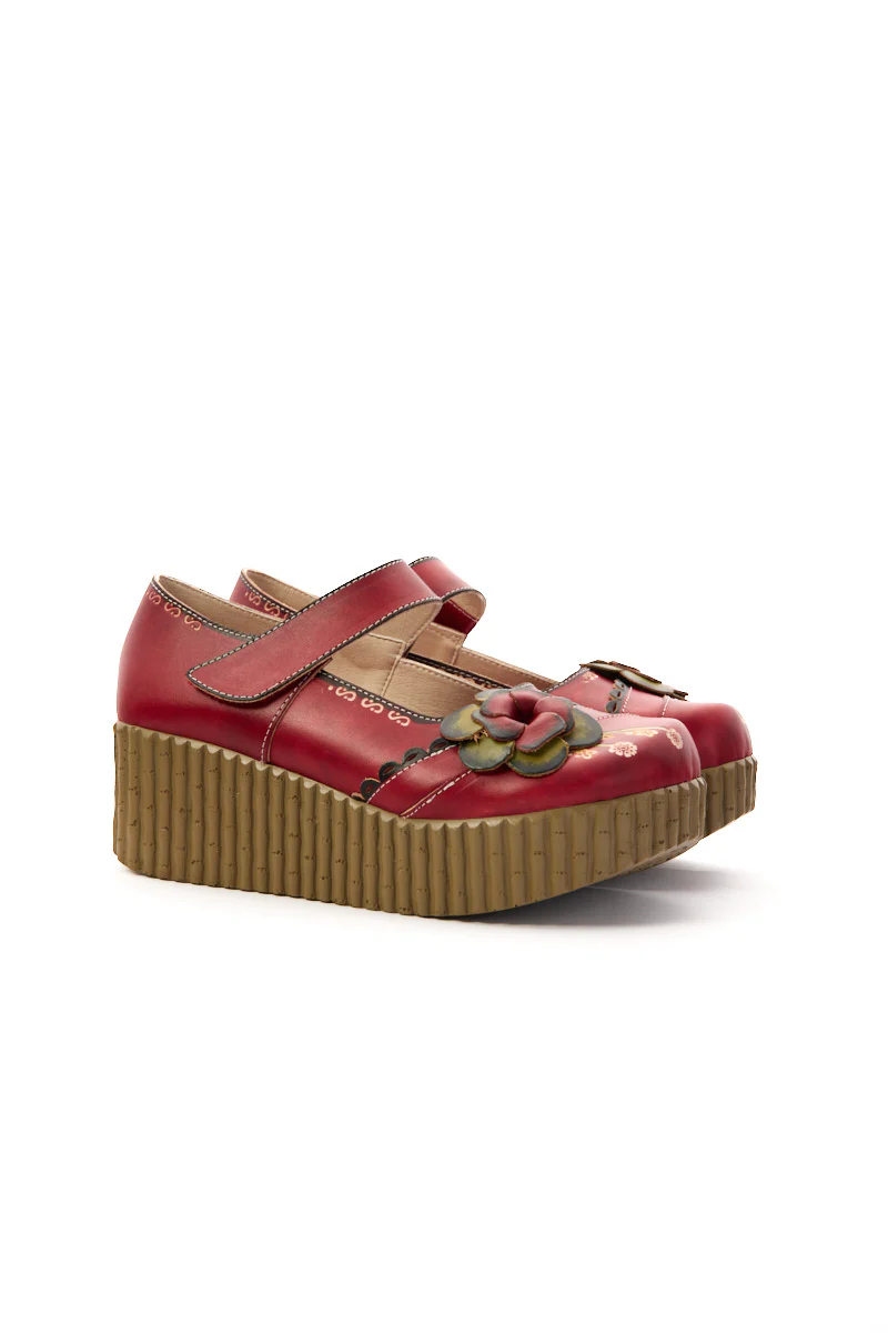 Soffia | Darya Floral Leather Wedge Mary Jane - Red - Image 9