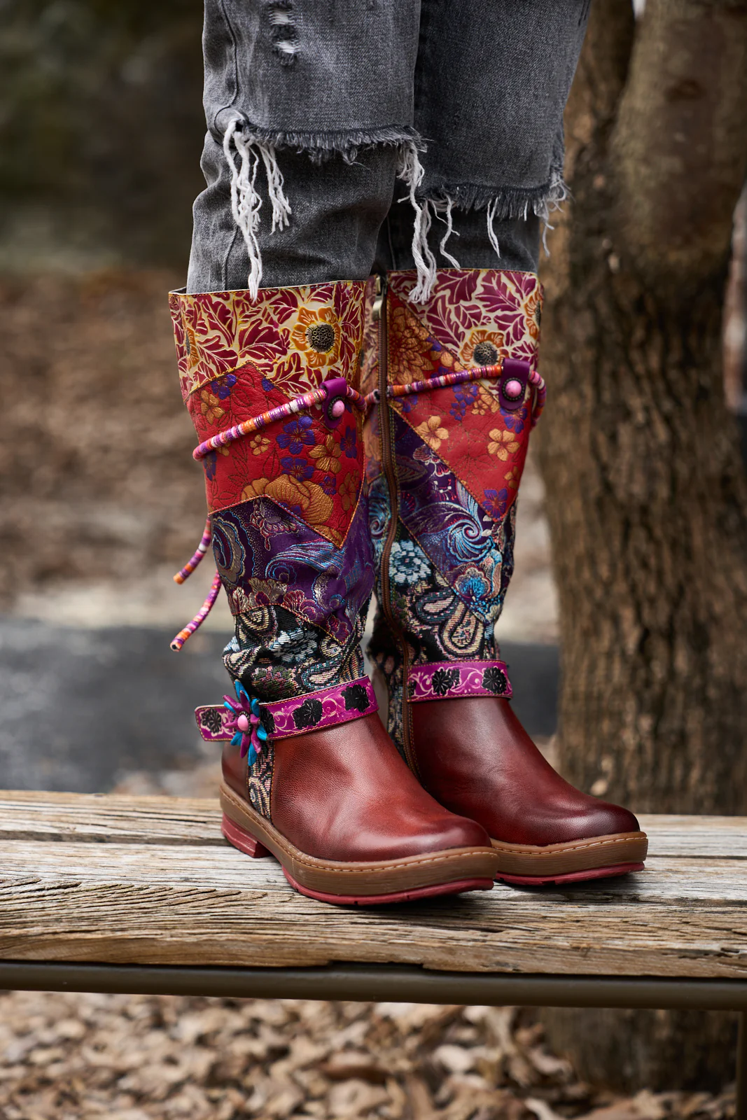 Soffia | Daylen Floral Embroidery Leather Knee-High Boots - Image 2