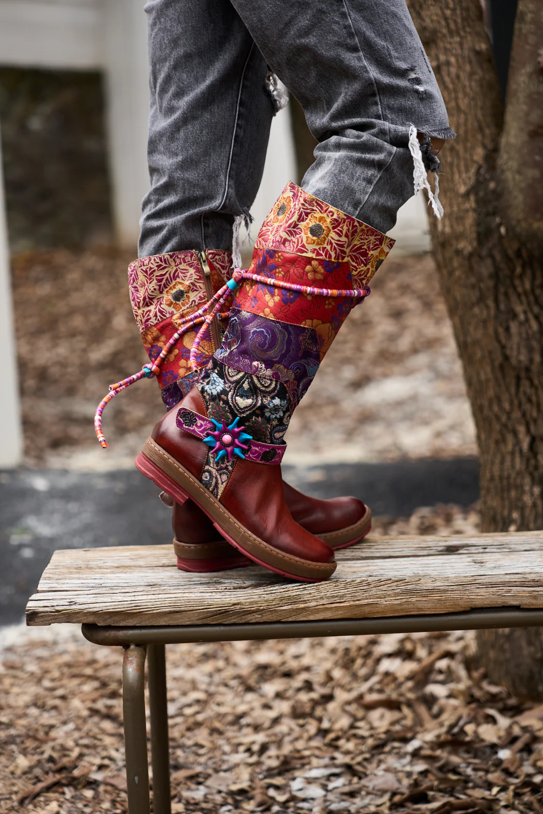 Soffia | Daylen Floral Embroidery Leather Knee-High Boots - Image 3