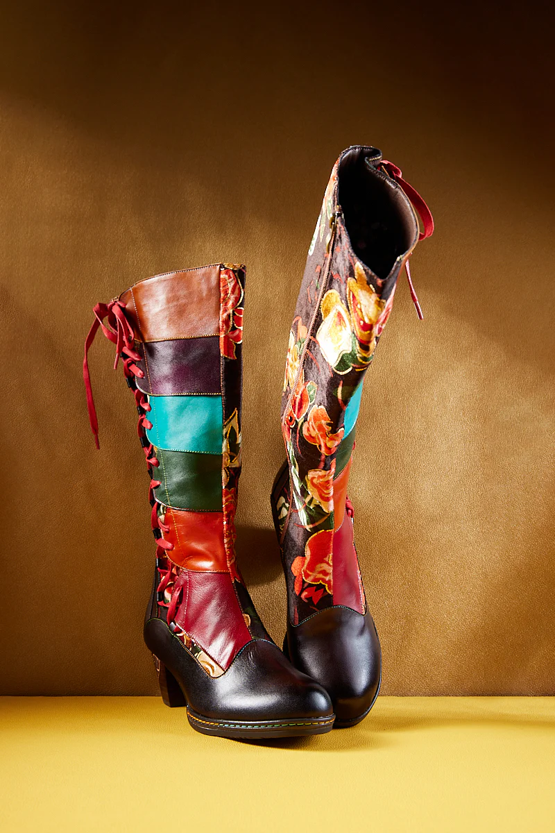 Soffia | Delora Floral Contrast Stripe Wide Calf Leather Knee High Boots - Image 10