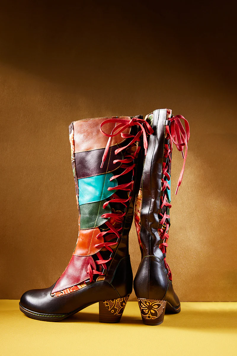 Soffia | Delora Floral Contrast Stripe Wide Calf Leather Knee High Boots - Image 11
